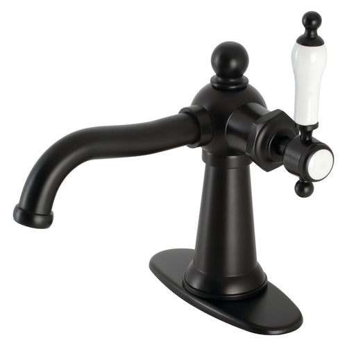 Nautical One-Handle 1-Hole Bathroom Faucet with Deck Plate and Push Pop-Up Drain, Matte Black
