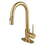 New York One-Handle 1-Hole Deck Mount Bar Faucet with Pull Down Sprayer, Brushed Brass