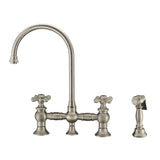 Vintage III Plus Bridge Faucet with Long Gooseneck Swivel Spout, Cross Handles and Solid Brass Side Spray, Brushed Nickel