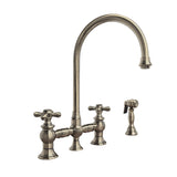 Vintage III Plus Bridge Faucet with Long Gooseneck Swivel Spout, Cross Handles and Solid Brass Side Spray, Brushed Nickel - view 2