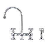 Vintage III Plus Bridge Faucet with Long Gooseneck Swivel Spout, Cross Handles and Solid Brass Side Spray, Polished Chrome