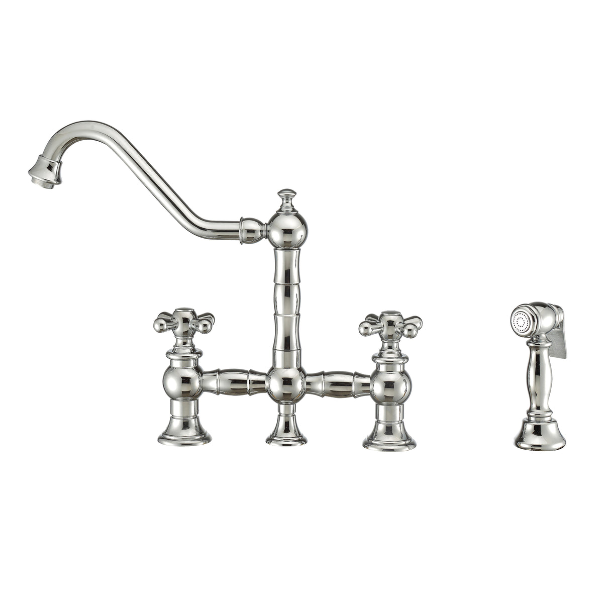 Vintage III Plus Bridge Faucet with Long Traditional Swivel Spout, Cross Handles and Solid Brass Side Spray, Polished Chrome