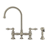 Vintage III Plus Bridge Faucet with Long Gooseneck Swivel Spout, Lever Handles and Solid Brass Side Spray, Brushed Nickel
