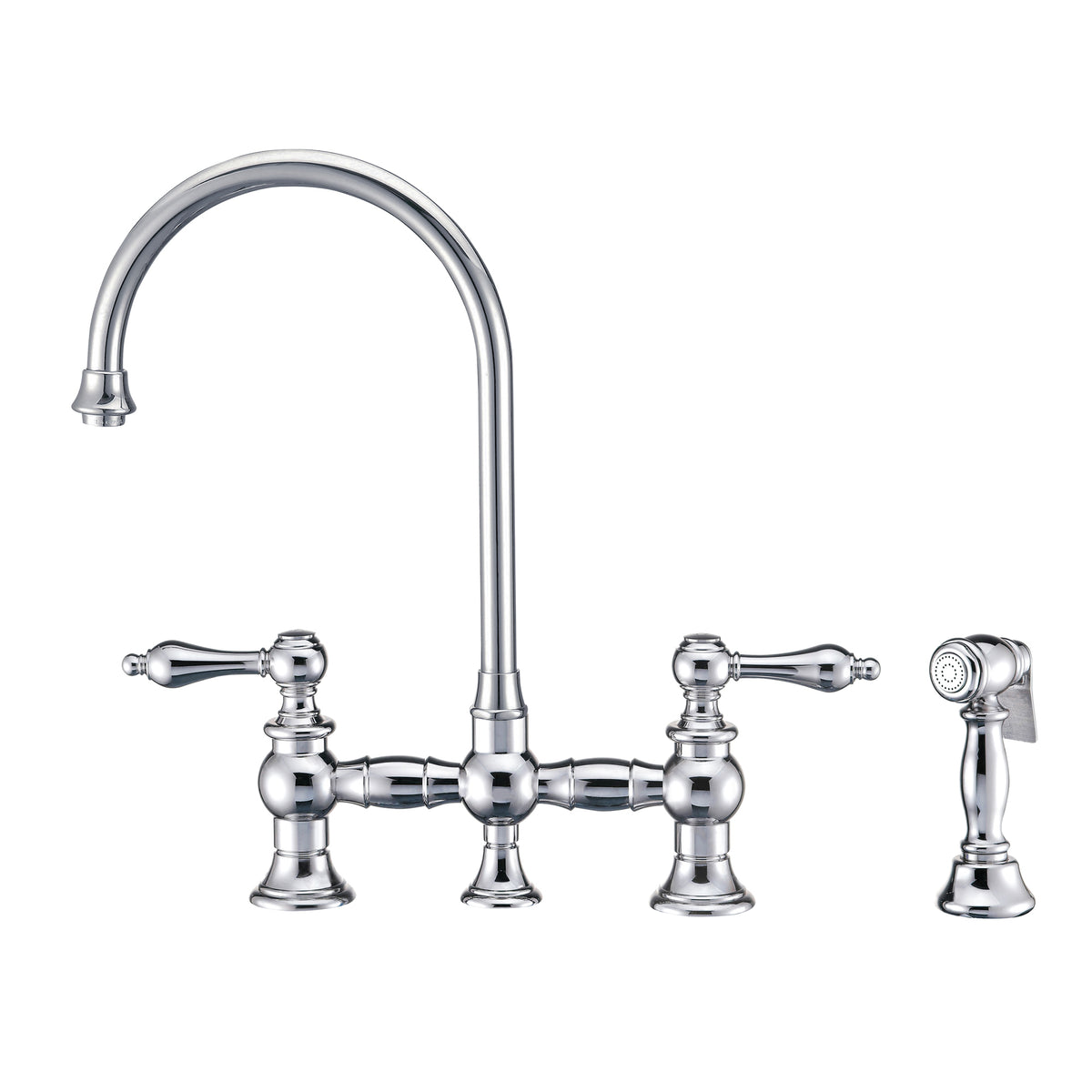 Vintage III Plus Bridge Faucet with Long Gooseneck Swivel Spout, Lever Handles and Solid Brass Side Spray, Polished Chrome