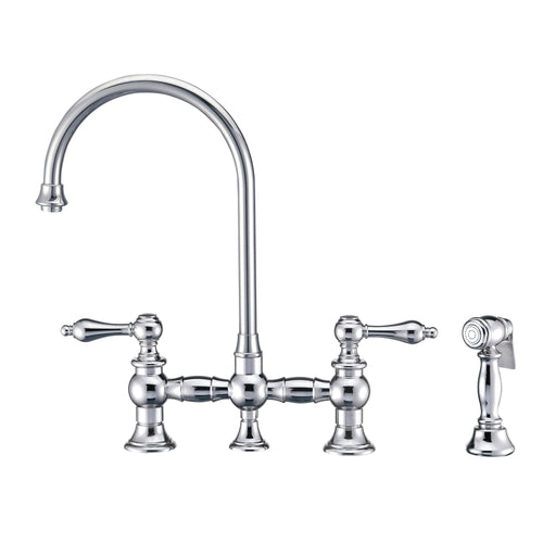 Vintage III Plus Bridge Faucet with Long Gooseneck Swivel Spout, Lever Handles and Solid Brass Side Spray, Polished Chrome