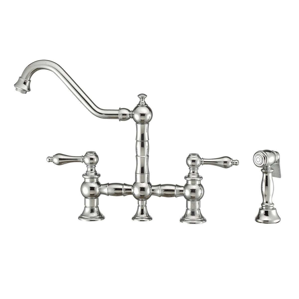 Vintage III Plus Bridge Faucet with Long Traditional Swivel Spout, Lever Handles and Solid Brass Side Spray, Polished Chrome