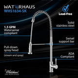Waterhaus Lead Free, Solid Stainless Steel Commercial Single-Hole Faucet with Flexible Pull Down Spray Head, Swivel Spout Support Bar and Solid Lever Handle, Polished Stainless Steel - view 5