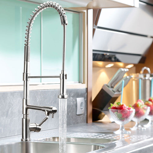 Waterhaus Lead Free, Solid Stainless Steel Commercial Single-Hole Faucet with Flexible Pull Down Spray Head, Swivel Support Bar & 2 Control Levers (WHS1644-SK-PSS), Polished Stainless Steel