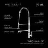 Waterhaus Lead Free, Solid Stainless Steel Commercial Single-Hole Faucet with Flexible Pull Down Spray Head, Swivel Support Bar & 2 Control Levers (WHS1644-SK), Brushed Stainless Steel - view 4