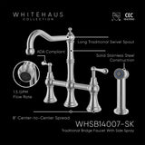 Waterhaus Lead-Free Solid Stainless Steel Bridge Faucet with a Traditional Spout, Lever Handles and Side Spray, Brushed Stainless Steel - view 5