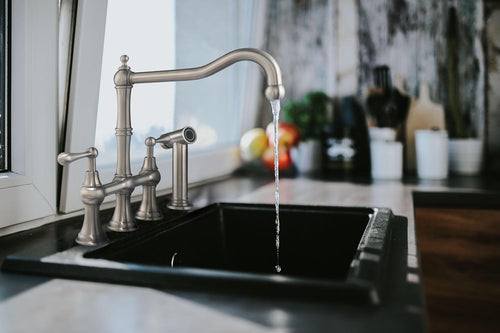 Waterhaus Lead-Free Solid Stainless Steel Bridge Faucet with a Traditional Spout, Lever Handles and Side Spray, Brushed Stainless Steel