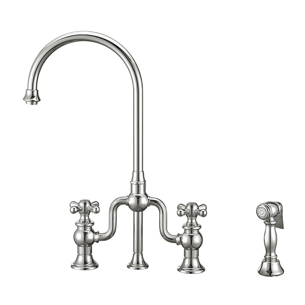 Twisthaus Plus Bridge Faucet with Gooseneck Swivel Spout, Cross Handles and Solid Brass Side Spray, Polished Chrome