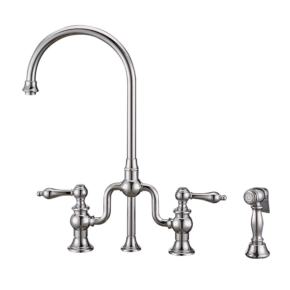 Twisthaus Plus Bridge Faucet with Gooseneck Swivel Spout, Lever Handles and Solid Brass Side Spray, Polished Chrome