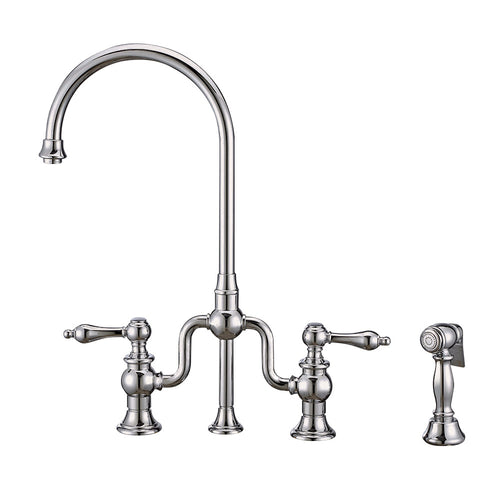 Twisthaus Plus Bridge Faucet with Gooseneck Swivel Spout, Lever Handles and Solid Brass Side Spray, Polished Chrome