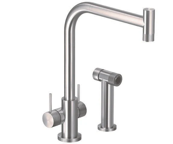 Knob Contemporary Dual Kitchen Faucet in Brushed Stainless Steel with sidepray