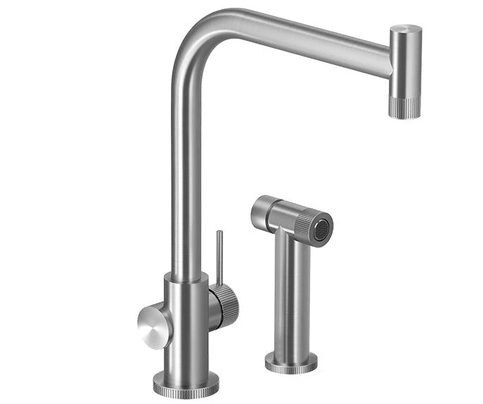 Knob Contemporary Single Handle Kitchen Faucet in Brushed Stainless Steel, with sidespray