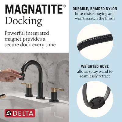 Delta Nicoli Matte Black/Brushed Gold Bathroom Faucet with Sprayer, 8 Inch photo 4