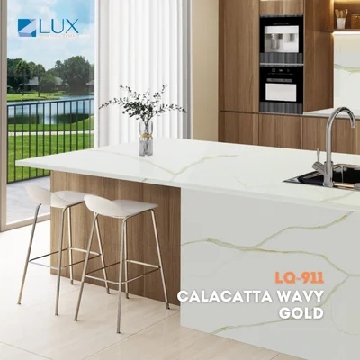 LUX Calcutta Wave Gold LQ-911 Quartz Countertop Corner 36.inX96.in photo 3
